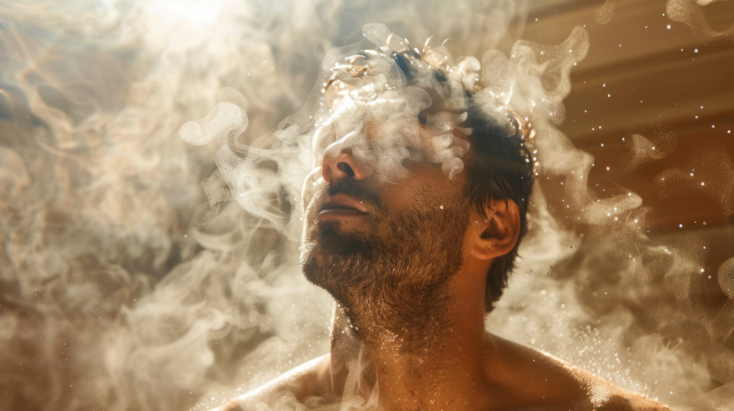 Intense man in a steam room, experiencing the heat of a sauna bath Man relaxing in steam room for post-workout recovery.
